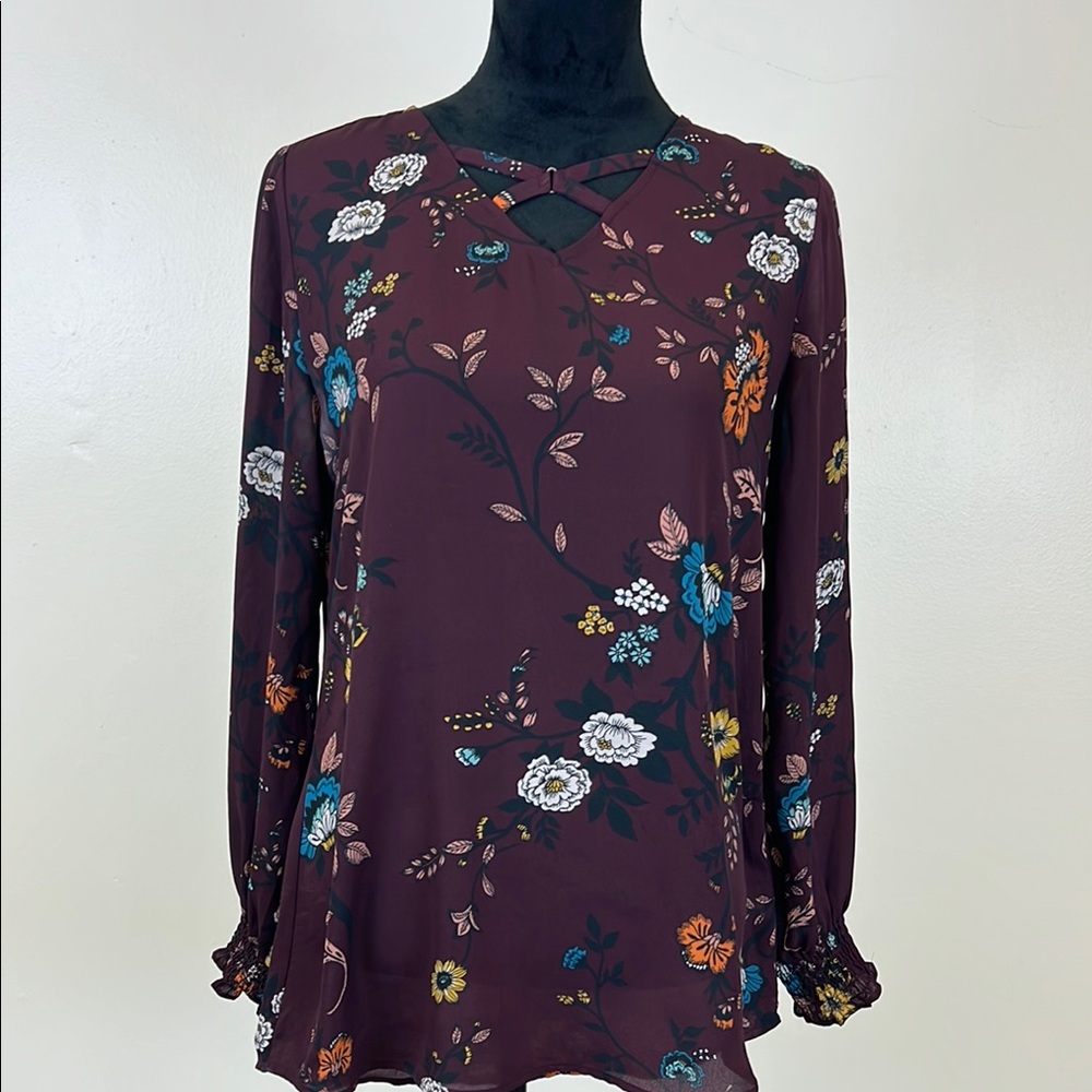 Maurices Red and Blue Floral Long Sleeve Blouse
